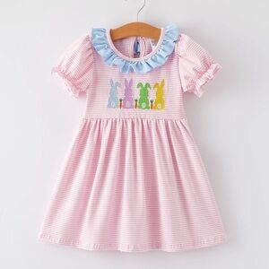 Rylee Faith Designs Easter Bunny Pink Striped Kids Dress with Blue Ruffle 2 6 7